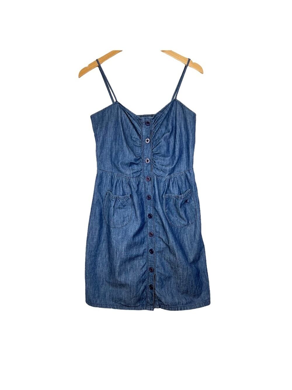 Grane dress juniors XL navy blue chambray spaghetti strap button front smocked